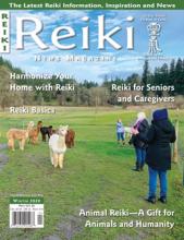Reiki News Winter 2020 cover featuring people and alpacas in a field with various article headlines.