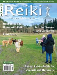 Reiki News Winter 2020 cover featuring people and alpacas in a field with various article headlines.