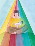 Stylized illustration of a mother holding a baby, enclosed in a protective rainbow-colored pyramid of light.