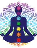 Silhouette of a person in a yoga pose with seven colorful chakra symbols aligned along the spine.