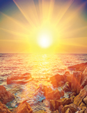 Brilliant yellow sun with radiating light beams shining over a rocky coastline and ocean.