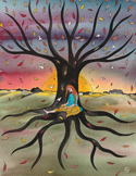 Illustration of a woman sitting peacefully under a large, bare tree during a sunset with falling leaves.