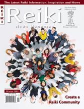 Reiki News Magazine Winter 2022 featuring an overhead view of a diverse group of people standing in a circle, looking up and waving.