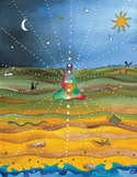 Colorful illustration of a person meditating in a landscape under a starry sky and sun.