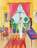 Illustration of a physician and patient in an office featuring a Japanese Reiki wall scroll.