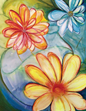 Artistic painting of bright yellow, orange, and blue flowers with a soft, watery background.