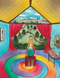 Illustration of a woman sitting on a rainbow rug while another woman rests hands on her shoulders in a cozy room.