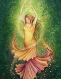 Illustration of a woman in an orange dress dancing in a forest with light swirls.