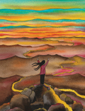Watercolor of a person on a peak looking at a winding path through mountains under a colorful sunset.