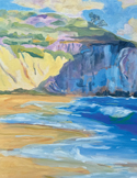 Impressionist painting of a serene beach with tall cliffs, yellow sand, and rolling blue waves.