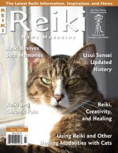 Reiki News Magazine cover featuring a close-up of a relaxed tabby cat in sunlight with various Reiki-related article titles.