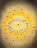 Abstract artwork of small human figures arranged in glowing circular patterns around a central heart, radiating warm golden light.