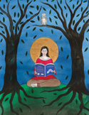 Colorful illustration of a serene figure reading a book under trees at night, surrounded by falling leaves and a glowing halo-like circle.