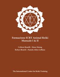Cover of the Italian ICRT Animal Reiki Manual I & II featuring a white ICRT logo on a brown background with author names centered below.