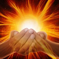 Hands cupped together with bright glowing energy radiating outward.