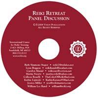 Red CD labeled “Reiki Retreat Panel Discussion,” featuring speaker names, contact details, and a white Reiki symbol on the right.