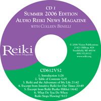 Purple and green CD labeled “Audio Reiki News Magazine Summer 2006 Edition,” featuring track titles and publication details.