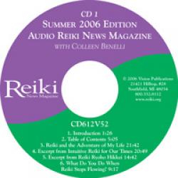 Purple and green CD labeled “Audio Reiki News Magazine Summer 2006 Edition,” featuring track titles and publication details.