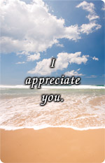 Waves washing onto a sandy beach beneath a bright sky with the message “I appreciate you.”