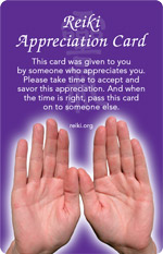 Purple Reiki Appreciation Card showing raised hands and text about receiving and passing on appreciation.