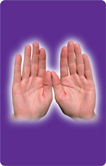 Two open palms facing forward on a purple background, surrounded by a soft glowing outline.