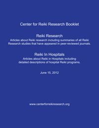 Blue booklet cover with white text titled “Center for Reiki Research Booklet,” summarizing Reiki research and hospital program articles.