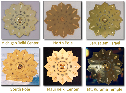 Six golden lotus-shaped Reiki grids displayed in different locations, each labeled: Michigan, North Pole, Jerusalem, South Pole, Maui, and Mt. Kurama.