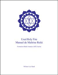 White book cover with blue ICRT logo and French text reading “Usui/Holy Fire, Manuel de Maîtrise Reiki.”