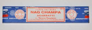 Blue box of Sai Baba Nag Champa Agarbatti incense sticks with white and red labeling and circular logos.