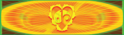 Abstract digital art with a glowing heart and spiral design in yellow, orange, and green, radiating light from the center.