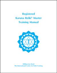White book cover with blue ICRT logo and text reading “Registered Karuna Reiki® Master Training Manual.”
