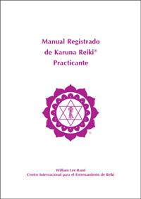 Magenta cover of the Spanish Karuna 1 Practitioner Manual with ICRT logo on a white background, authored by William Lee Rand.