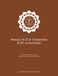 Brown cover of the ICRT Animal Reiki I & II Manual with a white ICRT logo along with author names.