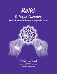  Purple cover for the Portuguese "Reiki the Healing Touch" manual showing two glowing hands around the ICRT logo, authored by William Lee Rand.