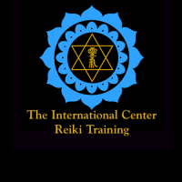 Blue original ICRT logo with a central symbol above the text “The International Center for Reiki Training” on a black background.