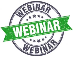 Round vintage-style “WEBINAR” badge with a distressed green banner across the center and star accents.