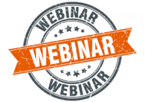 Circular vintage-style “WEBINAR” badge with a distressed orange banner across the center and star accents.